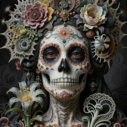 detailed realistic beautiful calaveras death goddess face portrait by jean delville, gustave dore, iris van herpen and marco mazzoni, art forms of nature by ernst haeckel, art nouveau, symbolist, visionary, gothic, neo - gothic, pre - raphaelite, fractal lace, intricate alien botanical biodiversity, surreality, porcelain, hyperdetailed ultrasharp octane render