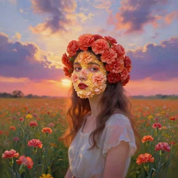 face made of carnations flower, girl standing in a flower field, surreal photography, sunrise dramatic light, impressionist painting, colorful clouds, digital painting, artstation, simon stalenhag, flower face