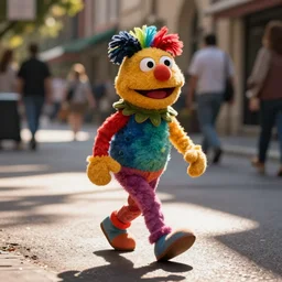 a colorful muppet with way too many legs walking down the street