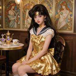 beautiful detailed sailor moon aesthetic, beautiful detailed fantasy, beautiful detailed intricate, beautiful detailed elegant, highly detailed, beautiful detailed digital painting, artstation, beautiful detailed concept art, matte, sharp focus, highly detailed illustration, a beautiful girl with long dark hair and bangs, wearing a gold sailor dress, sitting alone in a cafe with magic items all around,  highly intricate detailed art by Artgerm and Greg Rutkowski and Alphonse Mucha