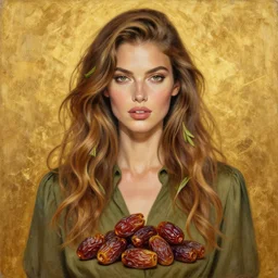 epic painting drawing, full figure portrait of beautiful supermodel wearing olive blouse, long wavy hair with tea leaves, dried dates | deglet noor dates | pitted dates, photography by amy leibowitz, wlop, jeremy lipkin, beeple, intricate, symmetrical front portrait, artgerm, golden glowing background