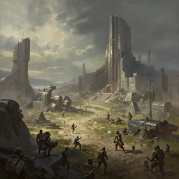 epic sci-fi battlefield painting, matte painting, trending on artstation