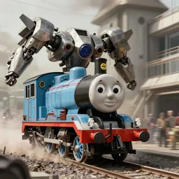 cyberpunk mecha thomas the tank engine committing war crimes in the far future, historical photo, 4 k, trending on artstation