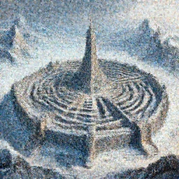 fantasy concept art, walled city built into a labyrinth, icy mountains nearby, 8k, high detail