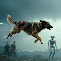 dog flying through the air, water caustics, film still from the movie directed by denis villeneuve and david cronenberg with art direction by h. r. giger and android jones