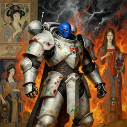 composition of gothic and futuristic, warhammer, cyber japan sty armor, more and more scars, thunderstorm, firestorm, blue head, white chest, some red and green, the middle ages, highly detailed, artstation, in the style of moebius, jugendstil and classic japanese print, painting by vanessa beecroft, anka zhuravleva, composition by rene magritte, jean delville