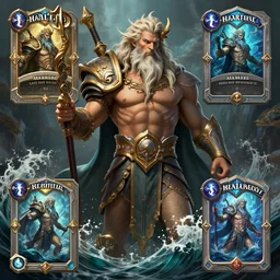 a portrait poseidon god of sea, front full view, trending on artstation, intricate, elegant, highly detailed, orthographic, hd, 8 k, sharp high quality, artwork by greg rutkowski, dynamic lighting, concept art, blizzard warcraft artwork, hearthstone card artwork