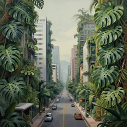 jungle city streets, abstract monstera plant city, muted colors, highly detailed surrealist painting, by michael divine by yvonne mcgillivray by michael divine by mandy jurgens by michael divine, monstera plant buildings, moody color palette, very very very beautiful, monstera plant architecture