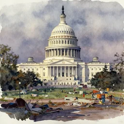 watercolor painting of washington dc, dilapidated, run down, trashy ambient lighting and shadows, art by hans dahl, by jesper ejsing, art by anders zorn, wonderful masterpiece by greg rutkowski, cinematic light, american romanticism by greg manchess, creation by tyler edlin
