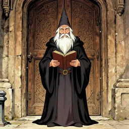 a portrait of an old wizard holding a book standing in front of an ancient elaborate wooden door by arthur adams and moebius and chip zdarsky