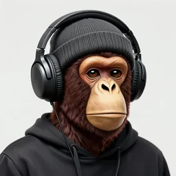 hipster ape, headphones and knitted cap, realistic, extremely detailed, sharp focus, wide view, smooth, digital illustration, by james jean, by rossdraws, frank franzzeta, mcbess, sakimichan, brosmin, danton fadeev, steve simpson