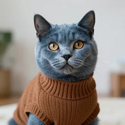 a blue anthropomorphic cat wearing a brown sweater