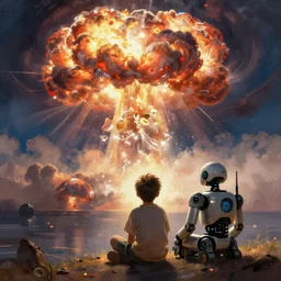 a boy and a robot sitting and looking a nuclear explosion smoke mushroom from far away, artwork by jmw turner
