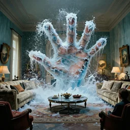 a giant hand made of water and ice rampages through the living room, film still from the movie directed by Denis Villeneuve with art direction by Salvador Dalí, wide lens
