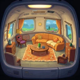 in a living quarters, inside a small cargo spaceship, from a point and click 2 d graphic adventure game, art inspired by [ thomas kinkade ] and mark keathley