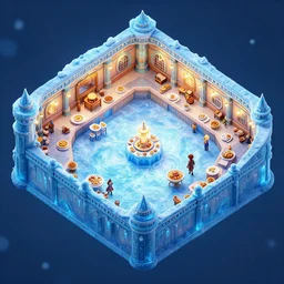 3 d isometric rts video game map of a frozen dinner hall, zoomed in, dynamic lighting, sharp focus, artstation hq, 8 k, intricate, subsurface scattering, ray tracing, vivid colors, octane render