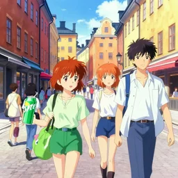 busy street in stockholm, sprite, vaporwave nostalgia, directed by beat takeshi, visual novel cg, 8 0 s anime vibe, kimagure orange road, maison ikkoku, sketch by osamu tezuka, directed by makoto shinkai and beat takeshi