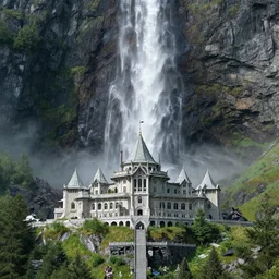 elven architecture above the great alpine waterfall. andreas achenbach, artgerm, mikko lagerstedt, zack snyder, tokujin yoshioka