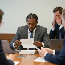 lamar jackson in a business meeting tearing the a contract apart, team executive very upset