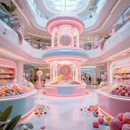 biomaterial, architecture, futuristic, neon, pastel colors, hd 8 k, detailed, abandoned, overgrown, candy shop in a mall, candies, spilling