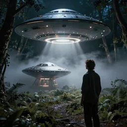 stand by me, movie still, river phoenix looking at a ufo, night time forest with a ufo sitting in the fog, scary, matte detailed photo, DeviantArt, Artstation, by donato giancola, ralph horley, loish, ufo lighting