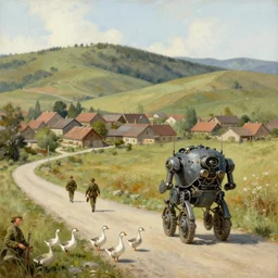 a small village in the hills, 1920's bipedal mech with soldiers passing through, geese crossing the road, painted by Jakub Rozalski