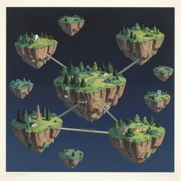 The print shows a group of flying islands, each with its own unique landscape, floating in the night sky. The islands are connected by a network of bridges, and a small group of people can be seen walking along one of the bridges.  by Ub Iwerks, by Rebeca Saray, by Judy Chicago balmy, monumental