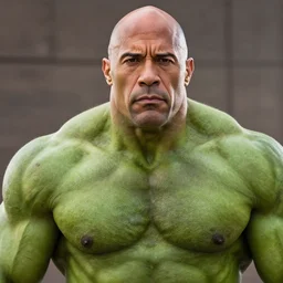 a still portrait dwayne johnson as a bald green all over incredible hulk looking at the camera, cinematic, shallow depth of field