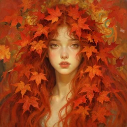 girl with super long hair, hair becoming autumn red leaves, digital painting, face, art by artgerm and greg rutkowski and alphonse mucha