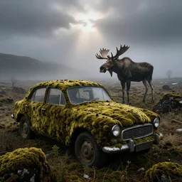 photo, streets made of moss, old car, depressing, fog, moose, apocalypse