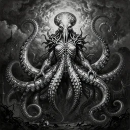 By Tom Bagshaw, ultra realist soft painting of curiosities kraken carnival by night, very beautiful cultist full bodysuit massive tentacles, symmetry accurate features, very intricate details, ominous sky, black and white, volumetric light clouds