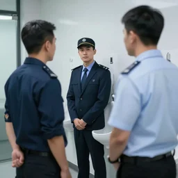 high quality photo of office security confronting suited man at urinal