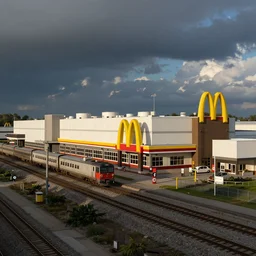 exterior of mcdonald's restaurant that's large like a factory complex, with a rail line and trains driving through it
