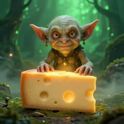 Photorealistic fantasy goblin with cheese.  Ominous green mist in the background.  Magical occult photorealism, UHD, amazing depth, glowing, golden ratio, 3D octane cycle unreal engine 5, volumetric lighting, cinematic lighting, cgstation artstation concept art