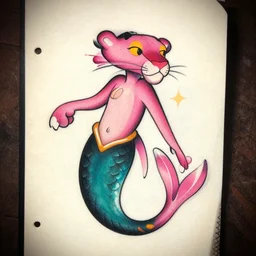 tattoo flash, pink panther, mermaid