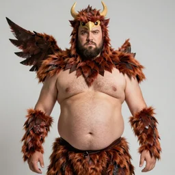 man with cheap gryphon costume, hairy belly