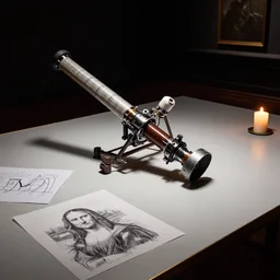Sketches of the Hubble telescope scattered on the table of Leonardo Da Vinci, dark studio room, lonely, candlelight atmosphere