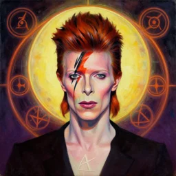 portrait of david bowie by mandy jurgens, cartoon, oil painting, visionary art, symmetric, magick symbols, holy halo, dramatic ambient lighting, high detail, vibrant colors,