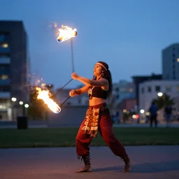 fire poi performer female tribal at dusk urban environment, long exposure, motion blur, tilt shift