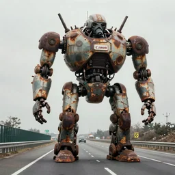 photo of freeway with a giant robot in the distance, canon ae - 1, dystopian, industrial, rust, corrosion, simon stalenhag,