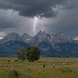 artwork of the cinematic view of grand teton national park by ivan shishkin, thundery weather, thunders in sky, couple of groves, sheep pasture, landscape view