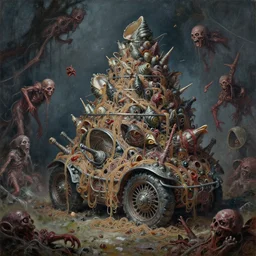 oil painting nightmare macerated epic tiered mollusk vehicle bound by metal noodle patina near discarded horror and grotesques throwing, cinematic, fine art, ornate masterpiece, hyper detailed by shigaru komatsuzaki
