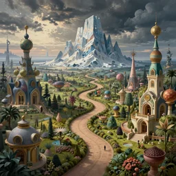 a beguiling epic stunning beautiful and insanely detailed matte painting of the impossible winding path through arctic dream worlds with surreal architecture designed by heironymous bosch, megastructures inspired by heironymous bosch's garden of earthly delights, vast surreal landscape and horizon by cyril rolando and asher durand and natalie shau