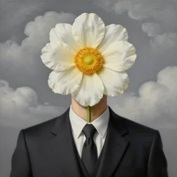 portrait of a faceless flower - head man in a suit, clouds in the background, by rene magritte, detailed painting, distance, centered, hd, hq, high resolution, high detail, 4 k, 8 k