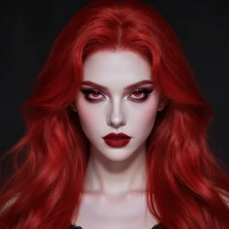 princess of darkness, style of tom bagshaw, artgerm, james jean, piercing eyes, long glowing red hair, cinematic, highly detailed, award winning