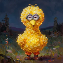 impasto painting of a glowing kewpie doll that looks like Big Bird, painted in the style of Watteau with sad minion eyes