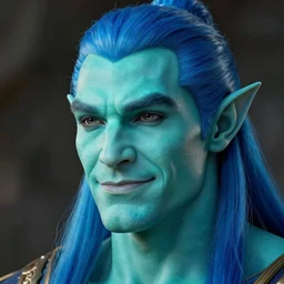 a face portrait of a burly humanoid male with turquois skin, elegant, chiseled jaw, slightly smiling, triton race from d & d, elf ears, beautiful man, long blue hair in a ponytail, short hair on sides, style by donato giancola, wayne reynolds, jeff easley dramatic light, high detail, cinematic lighting, artstation,