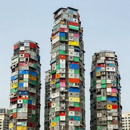 high towers made up of makeshift squatter shacks with bright colours, mamiya, 8 5 mm, uniform plain sky, fine details, photographed by bruno barbey