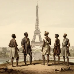 african explorers standing on a hill overlooking paris with the eiffel tower in the background, etching from 1 7 0 0 s