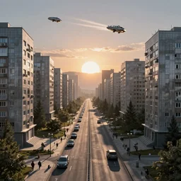 Russian futuristic city on the moon street photo, Khrushchyovkas, sunrise, flying vehicles, long shadows, photorealistic, stunning, magnum photos 4k